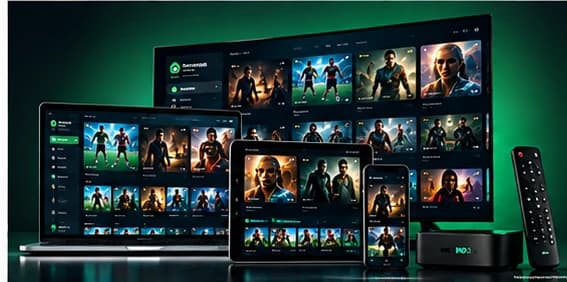 Voorbeeld van een entertainmentinterface op televisie, laptop, tablet en telefoon